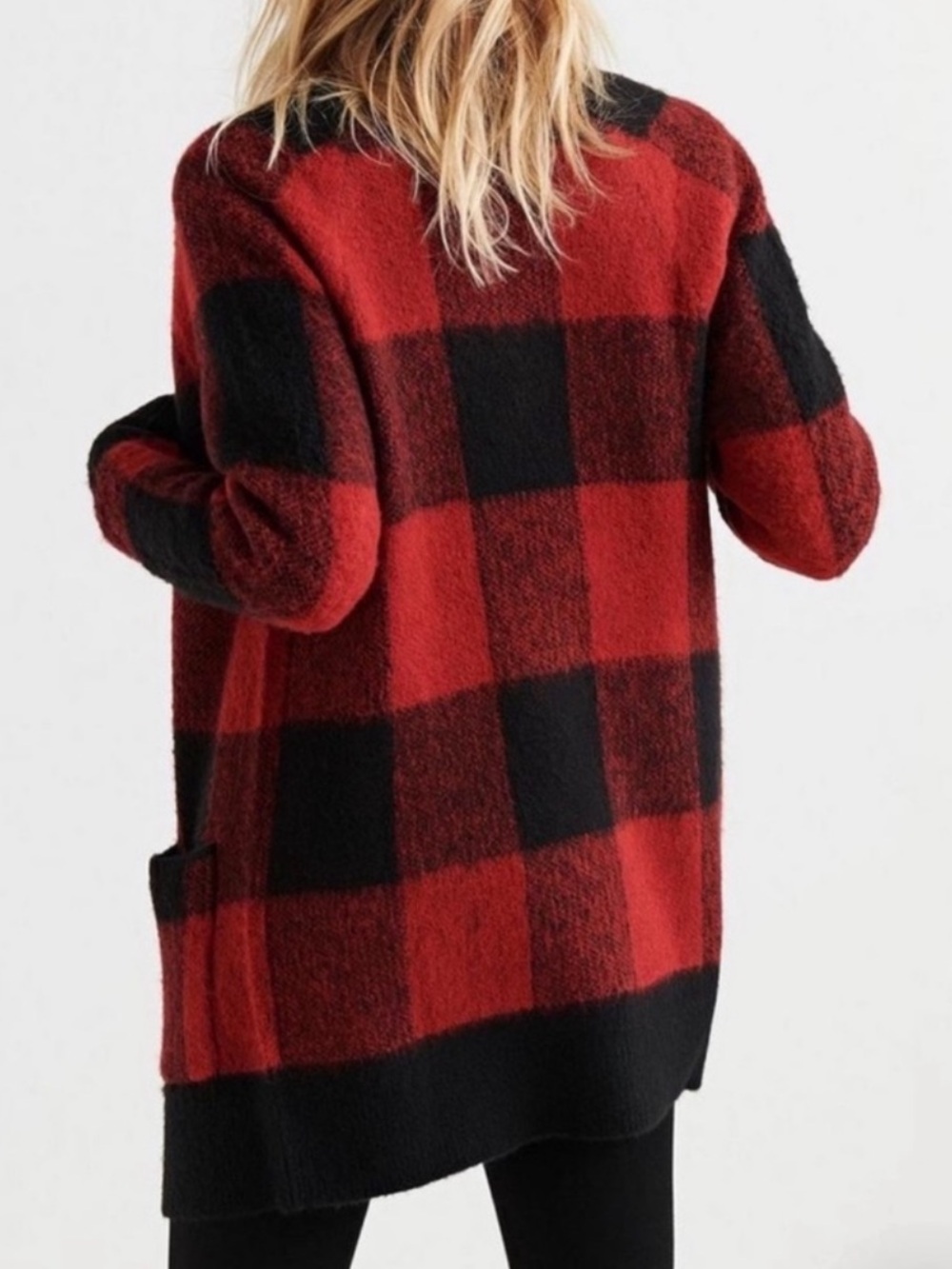 Lucky Brand Open Front Buffalo Plaid Relaxed Cardigan Sweater, Red & Black, XL - Picture 9 of 9